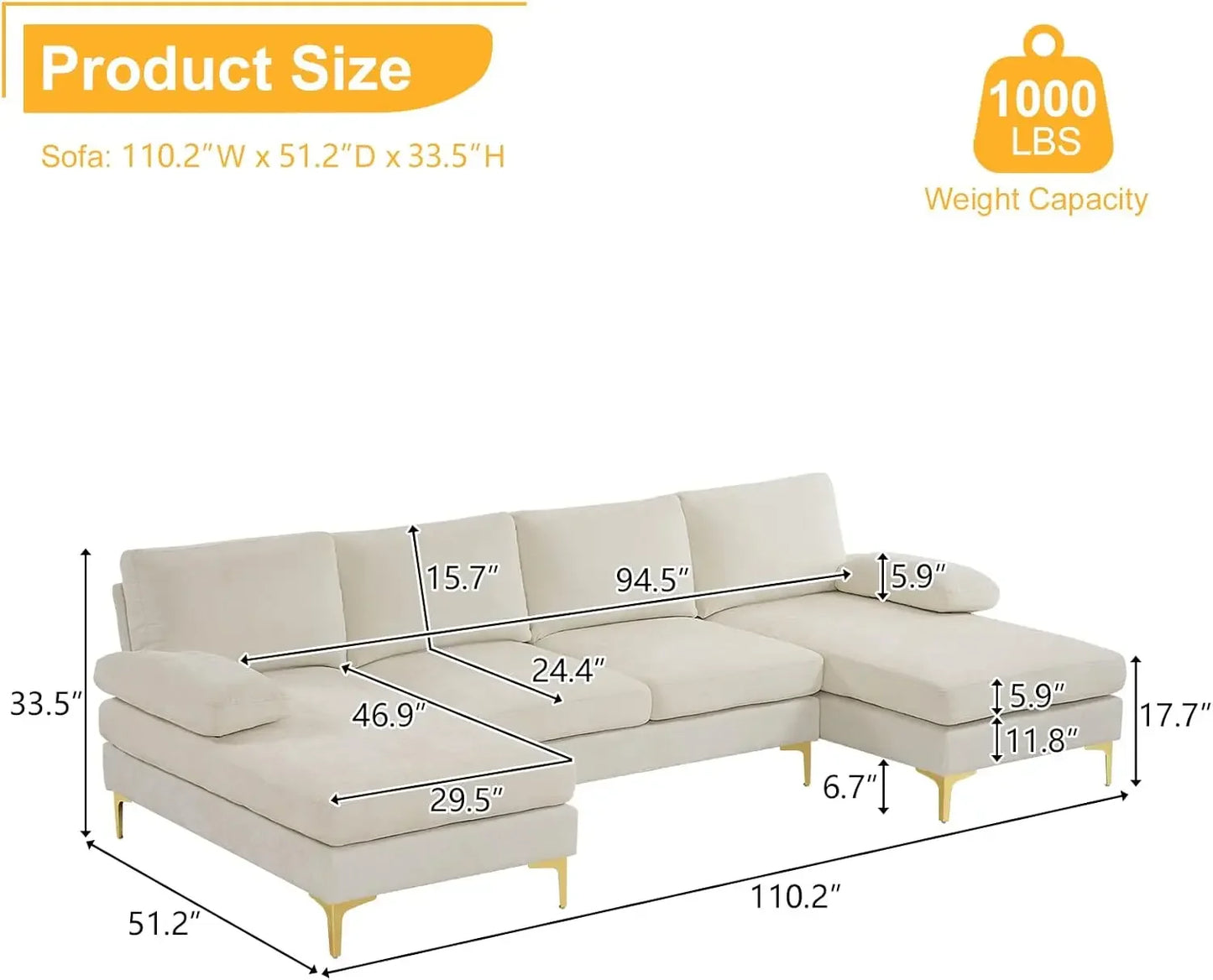U-Shape Convertible Sectional Sofa 4-Seat Couch With Chaise Chenille Fabric