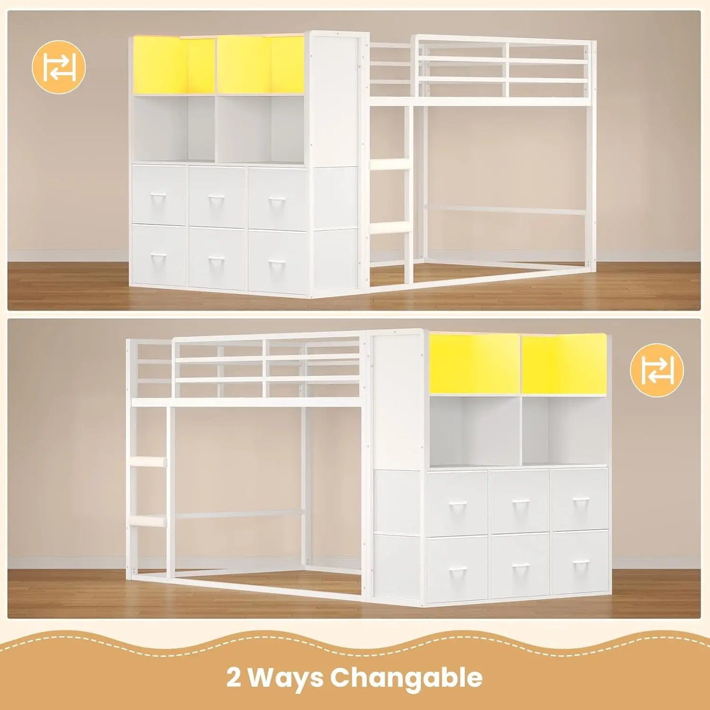 Twin Over Twin Bunk Bed With Fabric Drawers And Wooden Storage Shelves