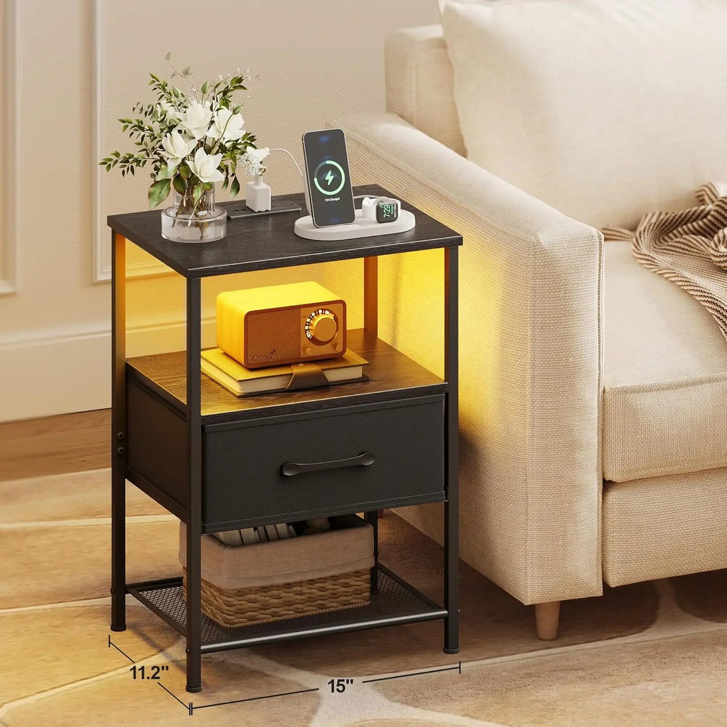 2-Piece Nightstand Set With Charging Station LED Lights