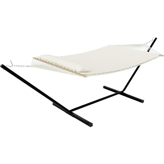 Heavy Duty Double Hammock with Stand-2 Person Cotton Rope Patio Bed,Hardwood Spreader Bars for Backyard Patio Outdoor/Indoor
