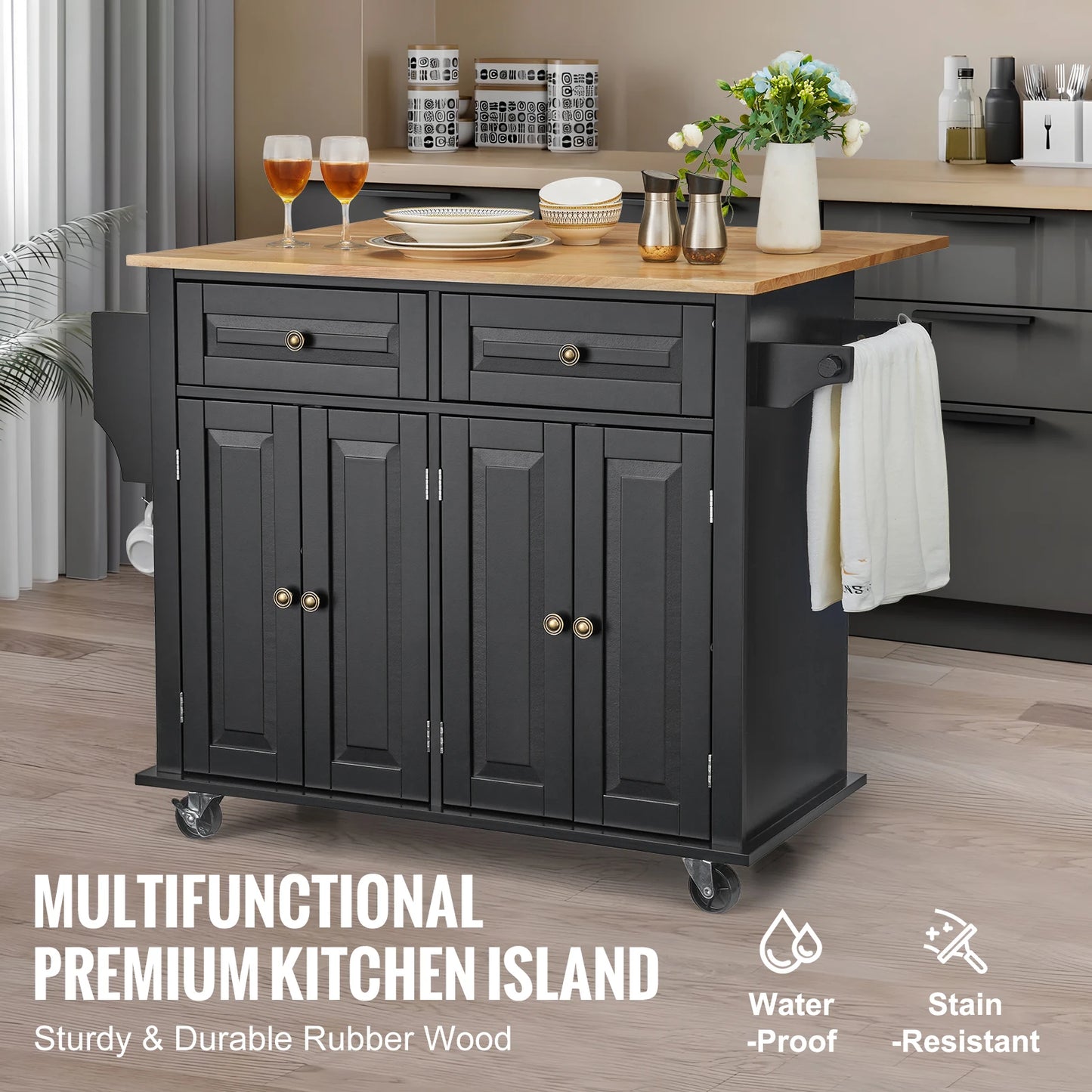 Succebuy Kitchen Island Cart with Wood Top and Storage