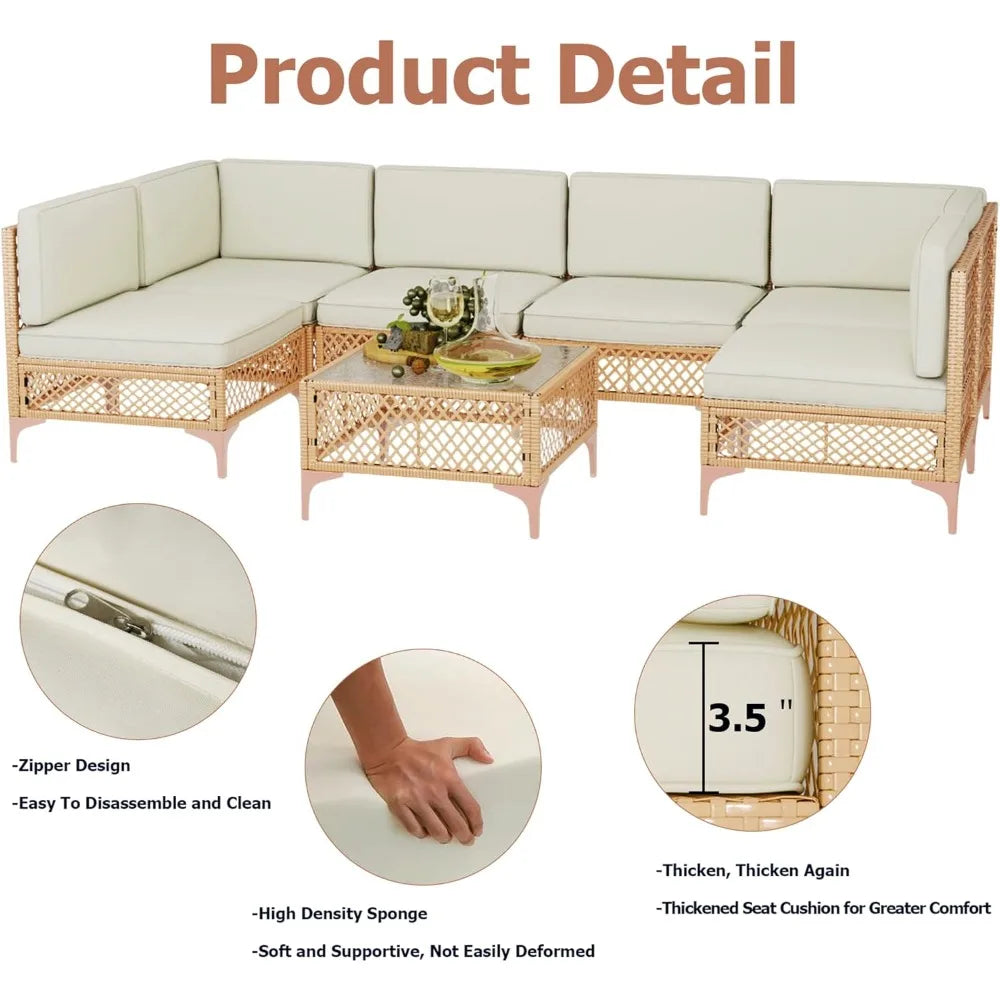 Outdoor Wicker Sectional Furniture Set With Glass Coffee Table