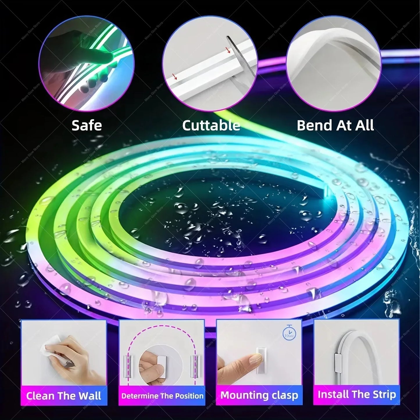 15m RGB LED Neon Rope Lights With Music Sync Smart App Control