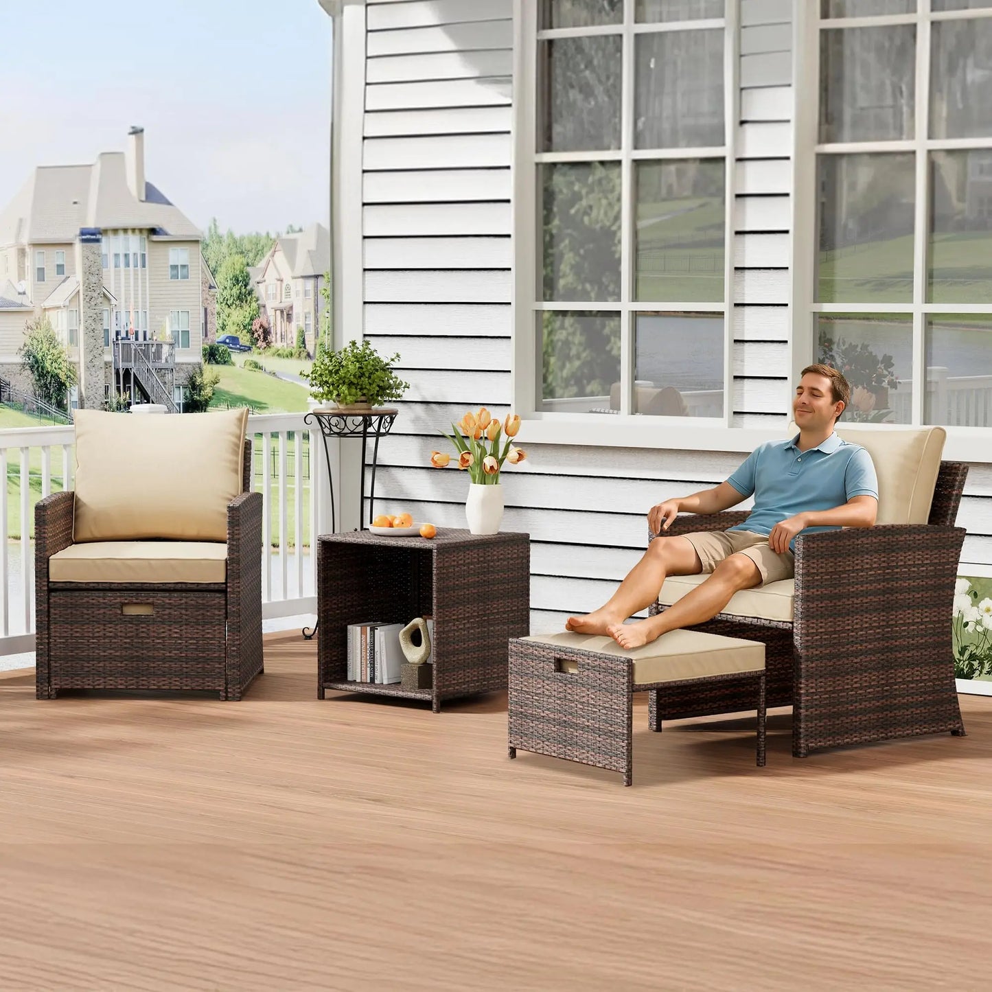 HiMISS 5-Piece All-Weather PE Rattan Patio Set With High Back Chairs Ottomans