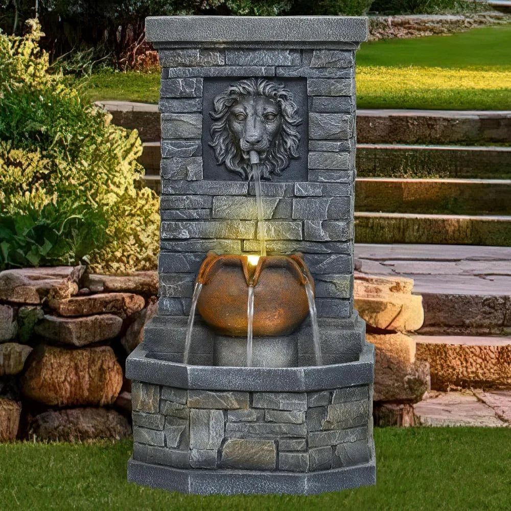 Outdoor Lion Head Stone Water Fountain With Lights Floor Standing