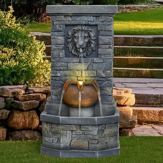 Outdoor Lion Head Stone Water Fountain With Lights Floor Standing