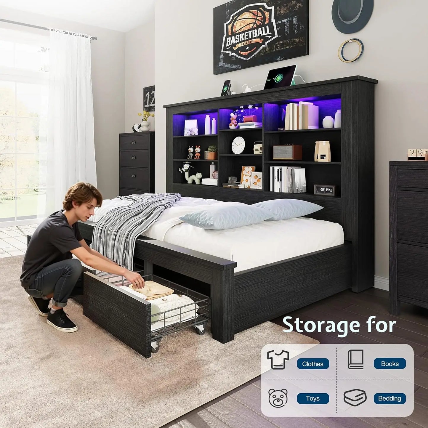 Twin Bed Frame With Storage Drawers Bookcase Headboard USB Charging