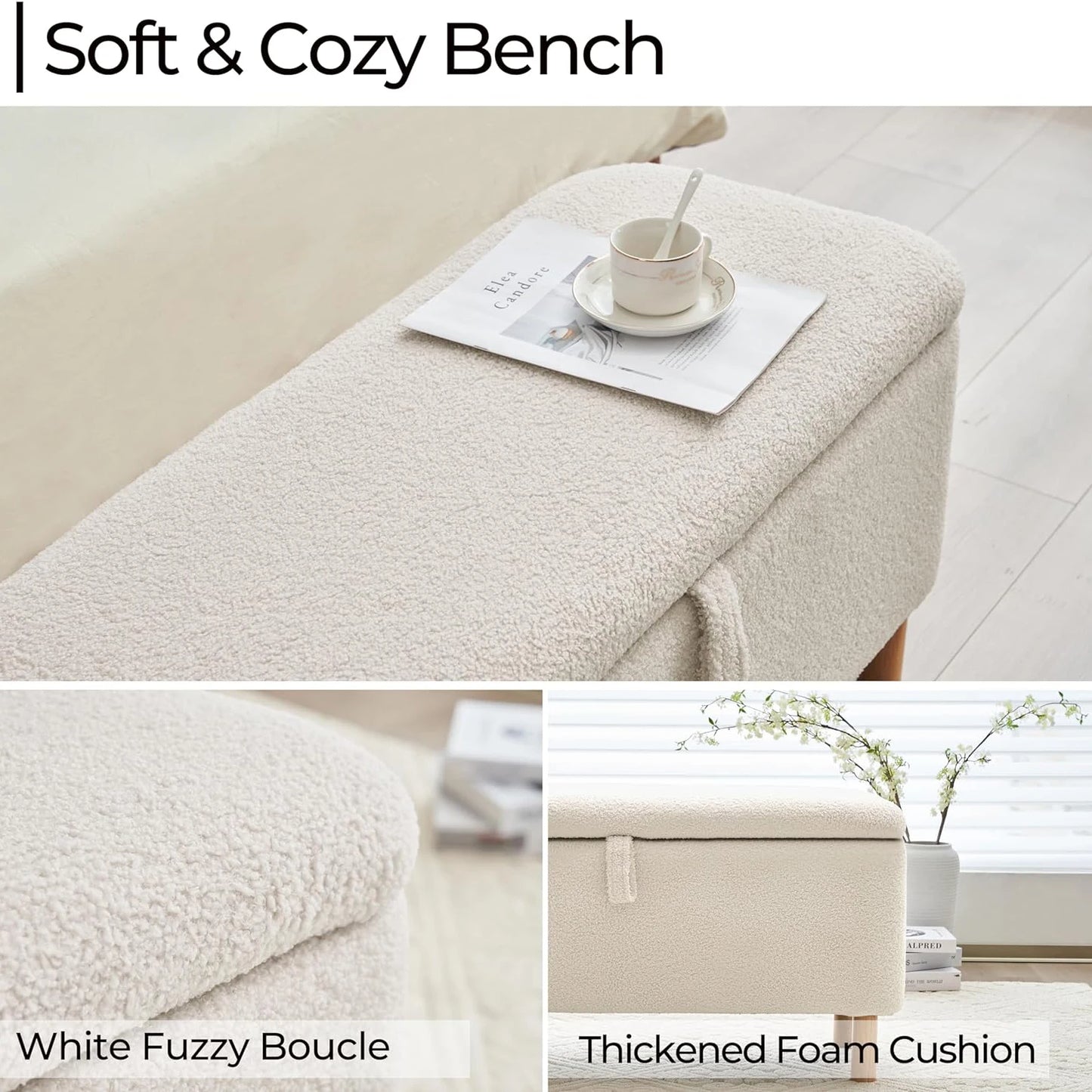 TODRAN Boucle Storage Ottoman Bench With Sherpa Upholstery