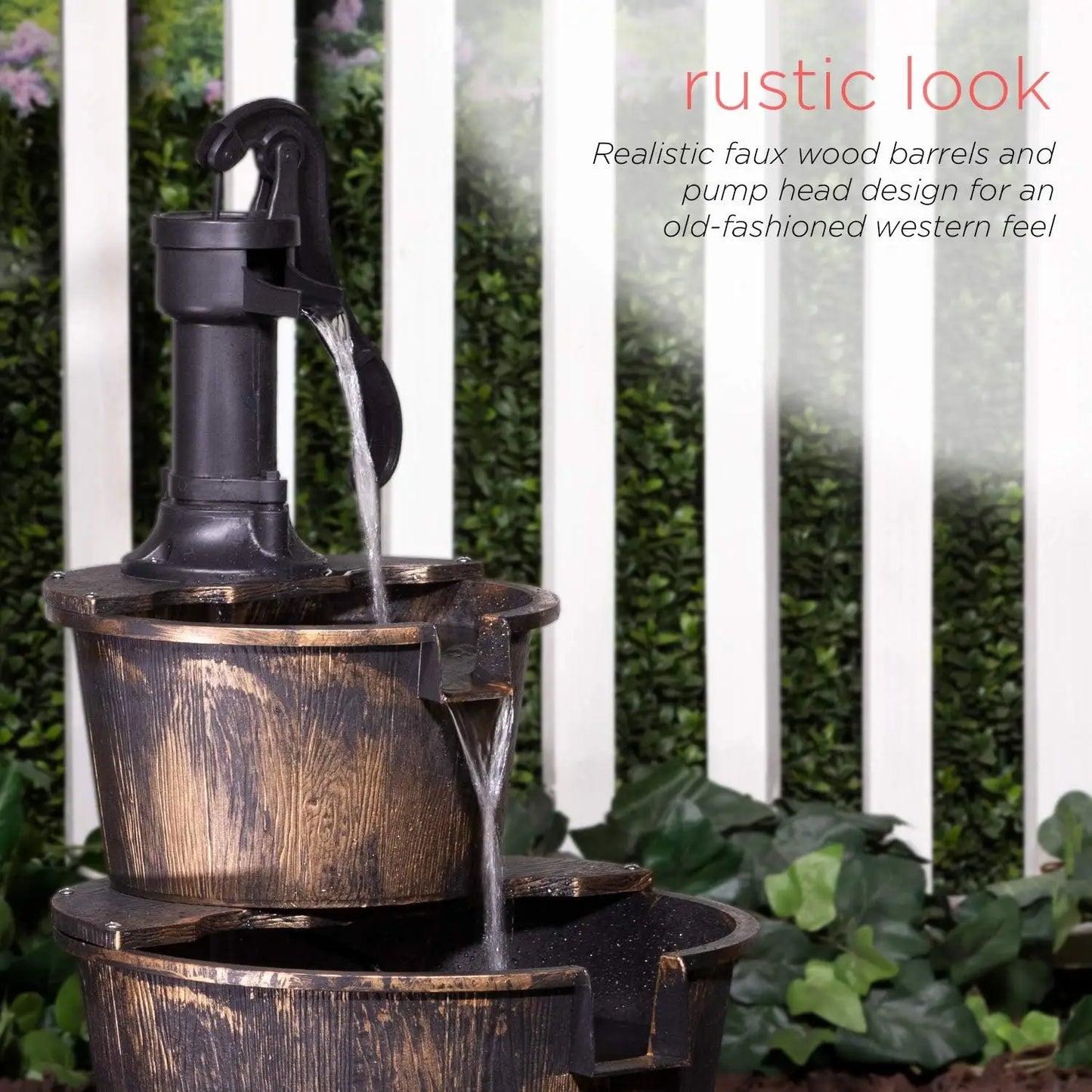 Rustic Outdoor Barrel Pump Water Fountain With Cascading Flow