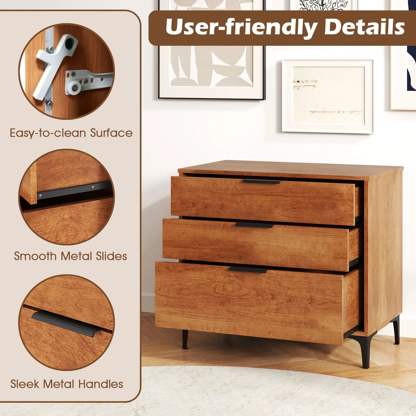 HOMASIS 3-Drawer Dresser With Metal Support Legs And Anti-Tipping