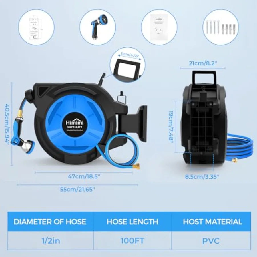 Retractable Garden Hose Reel With Wall Mount And Sprayer Nozzle