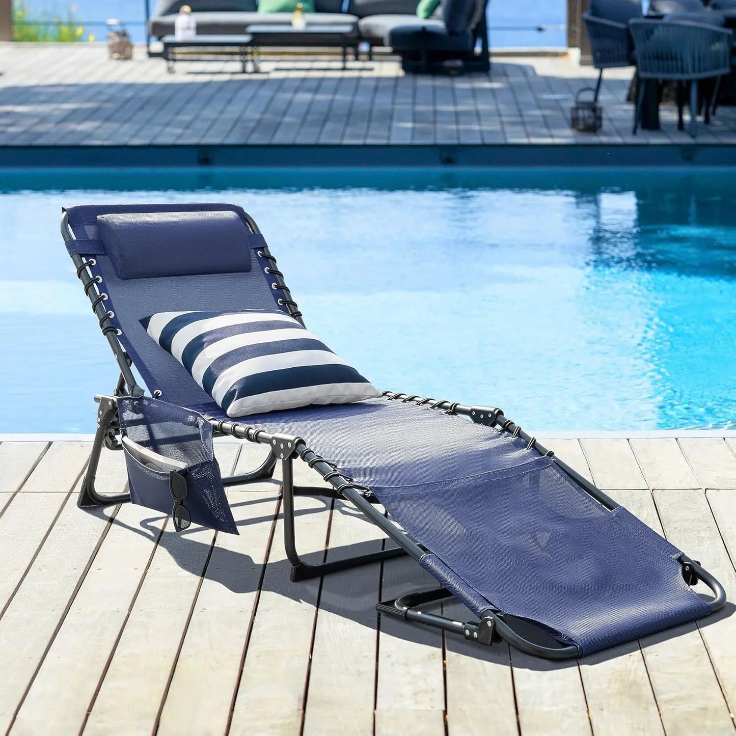 Folding Tanning Chair With Adjustable Back And Detachable Pillow And Pocket