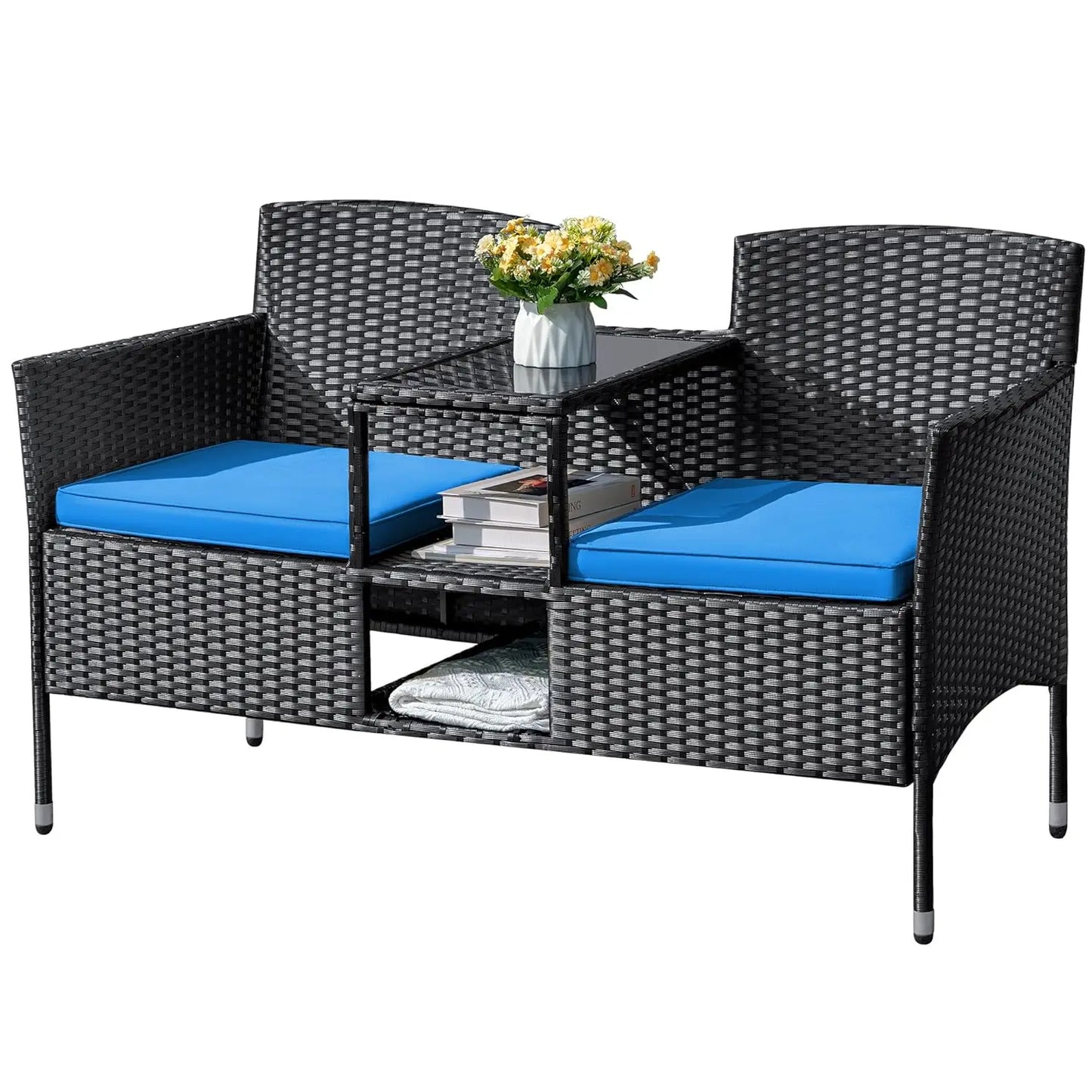 2 Seat Outdoor Wicker Loveseat With Built In Table