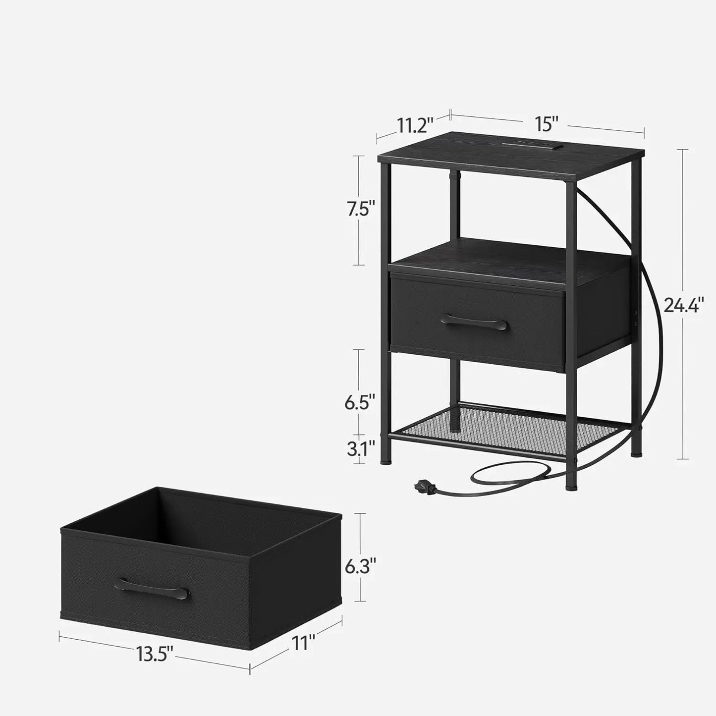 2-Piece Nightstand Set With Charging Station LED Lights