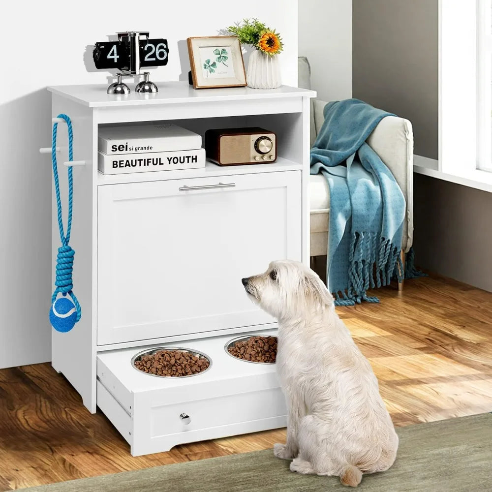 Pet Feeder Station With Double Pull Out Bowls And Dog Food Storage Cabinet