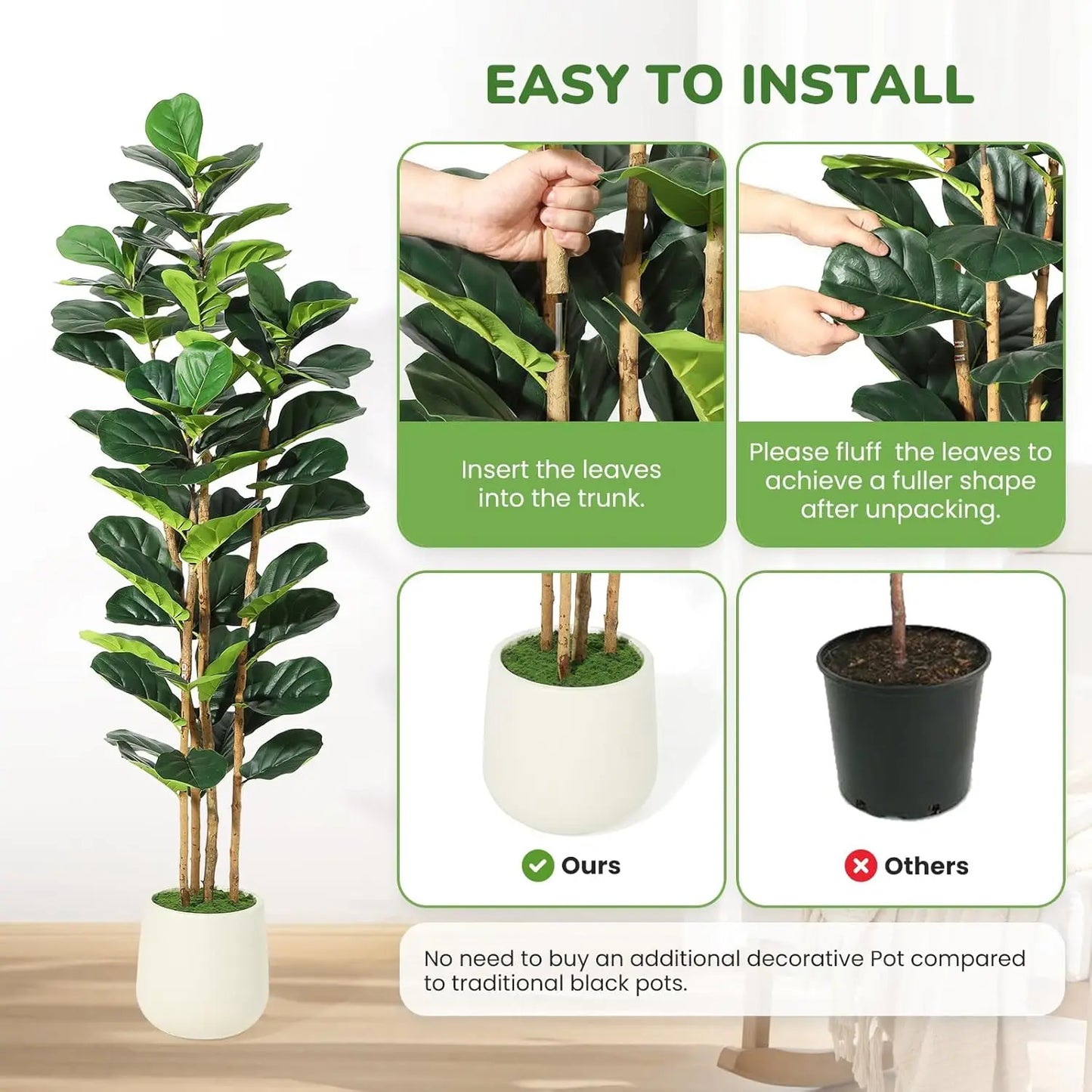 HiMISSCN Faux Fiddle Leaf Fig Tree With Pot Home Decor