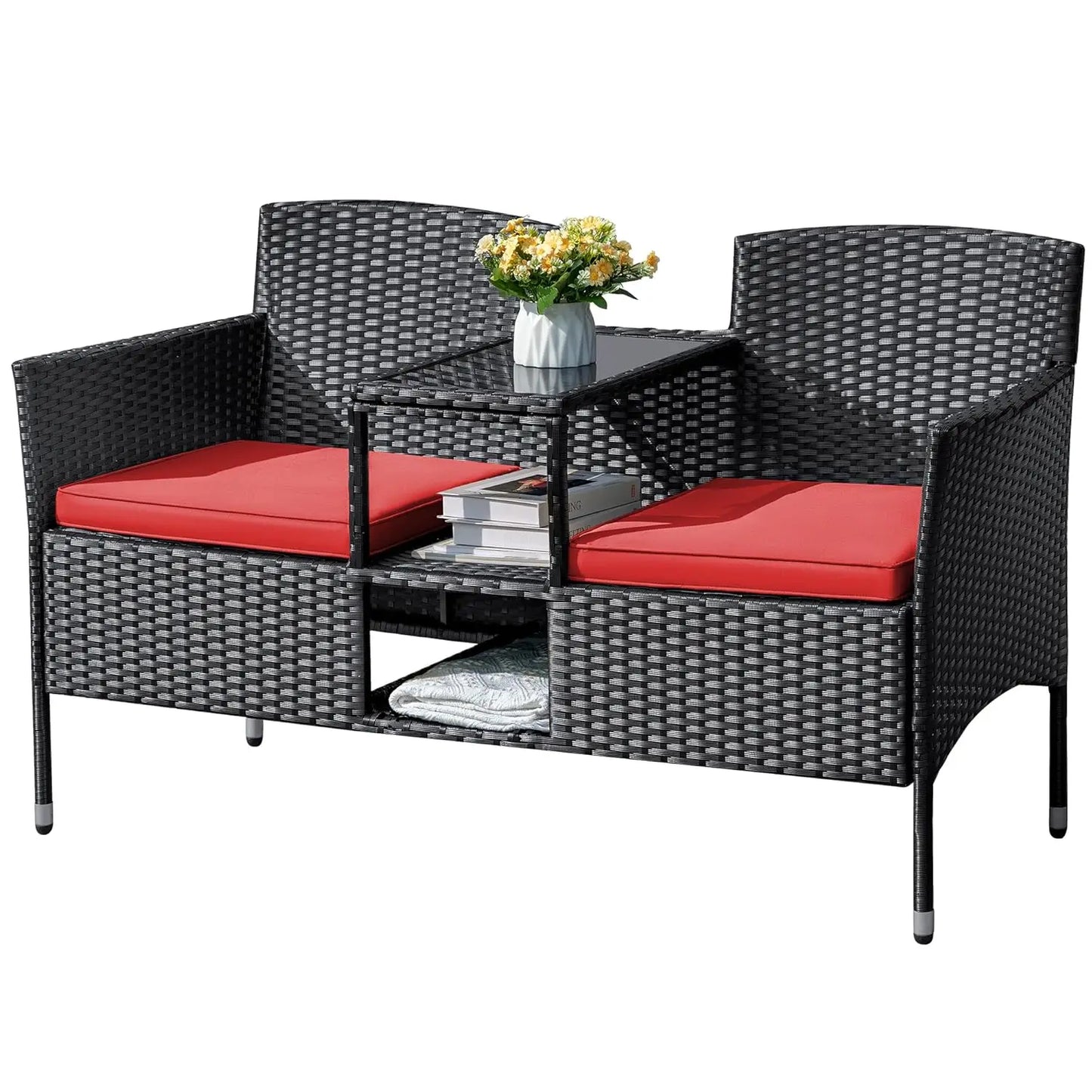 2 Seat Outdoor Wicker Loveseat With Built In Table