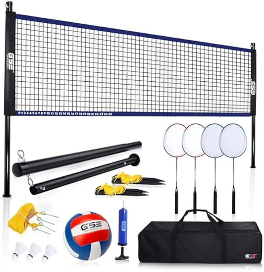 Outdoor Volleyball And Badminton Combo Set With Net Poles Racquets