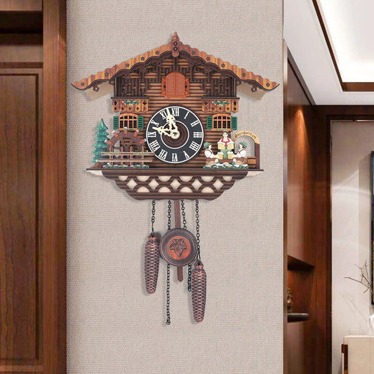 Creative Bird Cuckoo Wall Clock With Swinging Wings Wooden Quartz