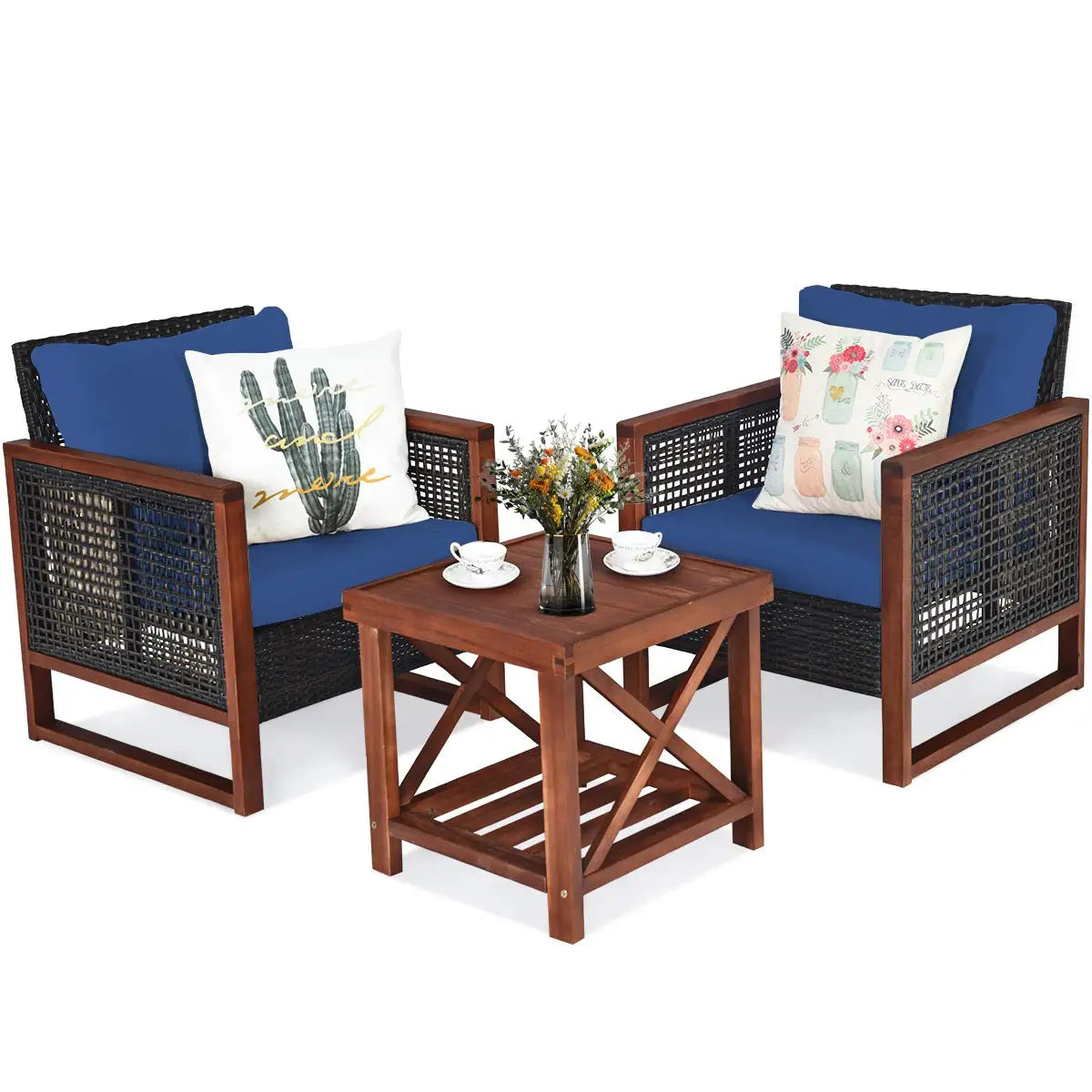 XIAOLANG Patio Wicker Furniture Set Cushions And Acacia Coffee Table