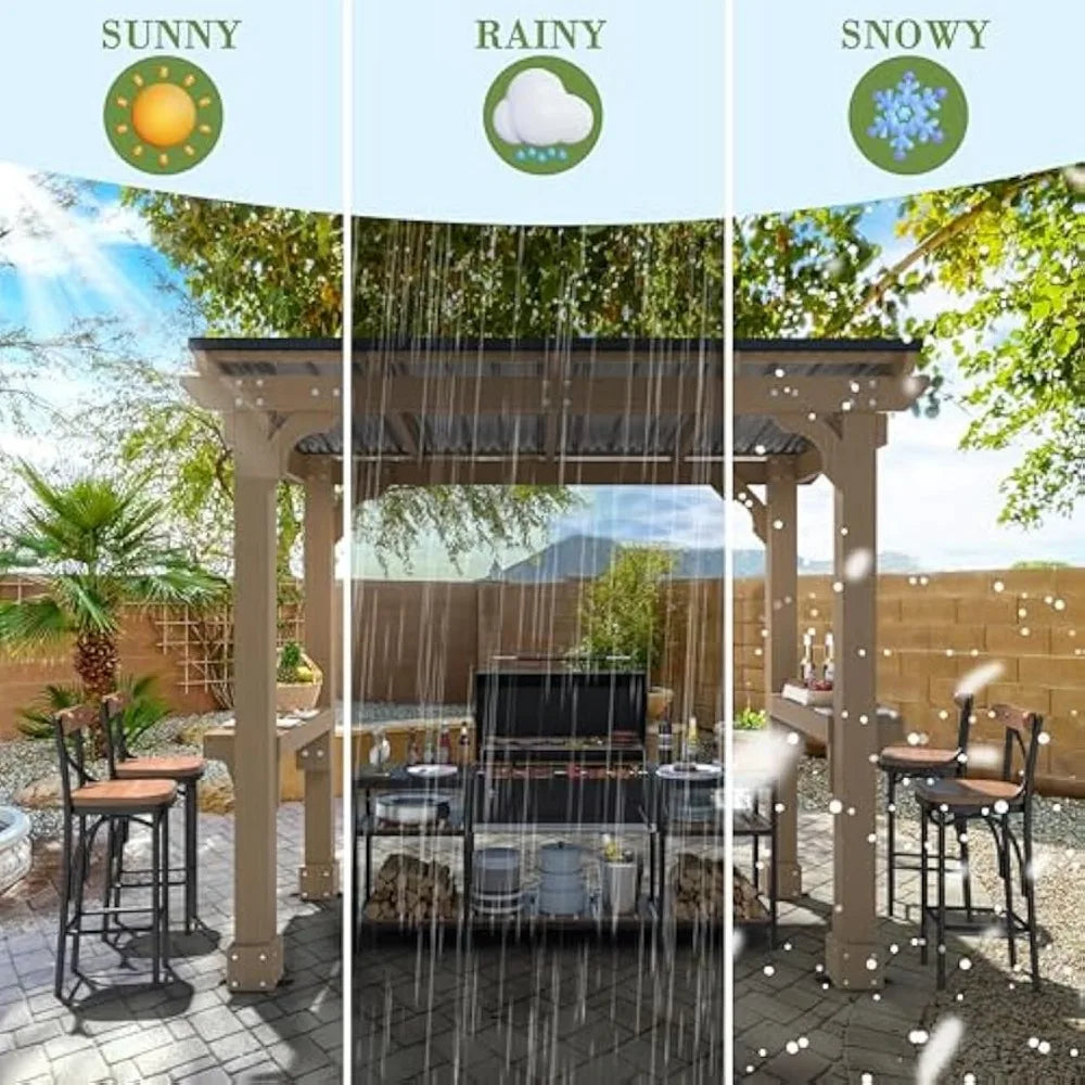 Wooden Grill Gazebo With Sloping Metal Roof Hard Top And Side Shelves