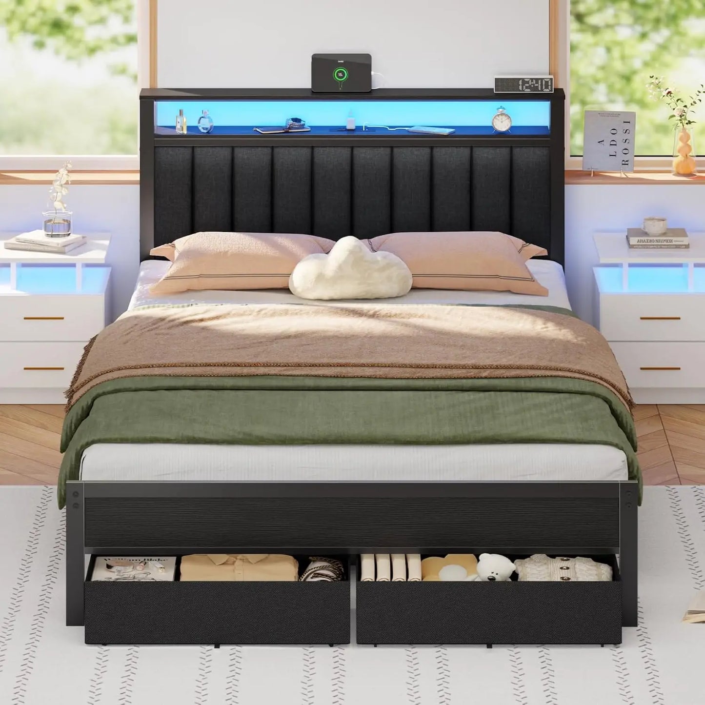 Bed Frame With Charging Station And LED Lights With Shelves