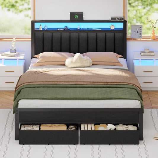 Bed Frame With Charging Station And LED Lights With Shelves