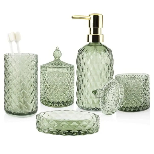 5Pcs Glass Bathroom Accessories Set Green Vintage Bathroom Counter Sink Toothbrush Holder Set with Hand Lotion Soap Dispenser T