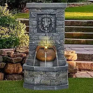 Outdoor Lion Head Stone Water Fountain With Lights Floor Standing