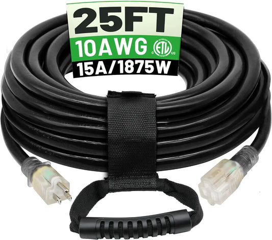Outdoor Extension Cord Heavy Duty Waterproof 3 Prong Lighted Indicator