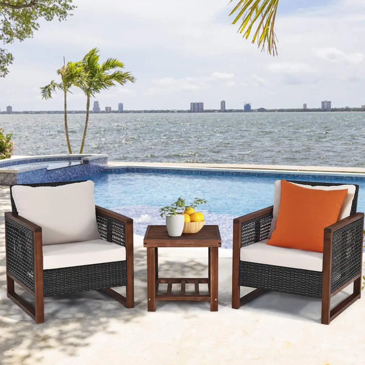 XIAOLANG Patio Wicker Furniture Set Cushions And Acacia Coffee Table