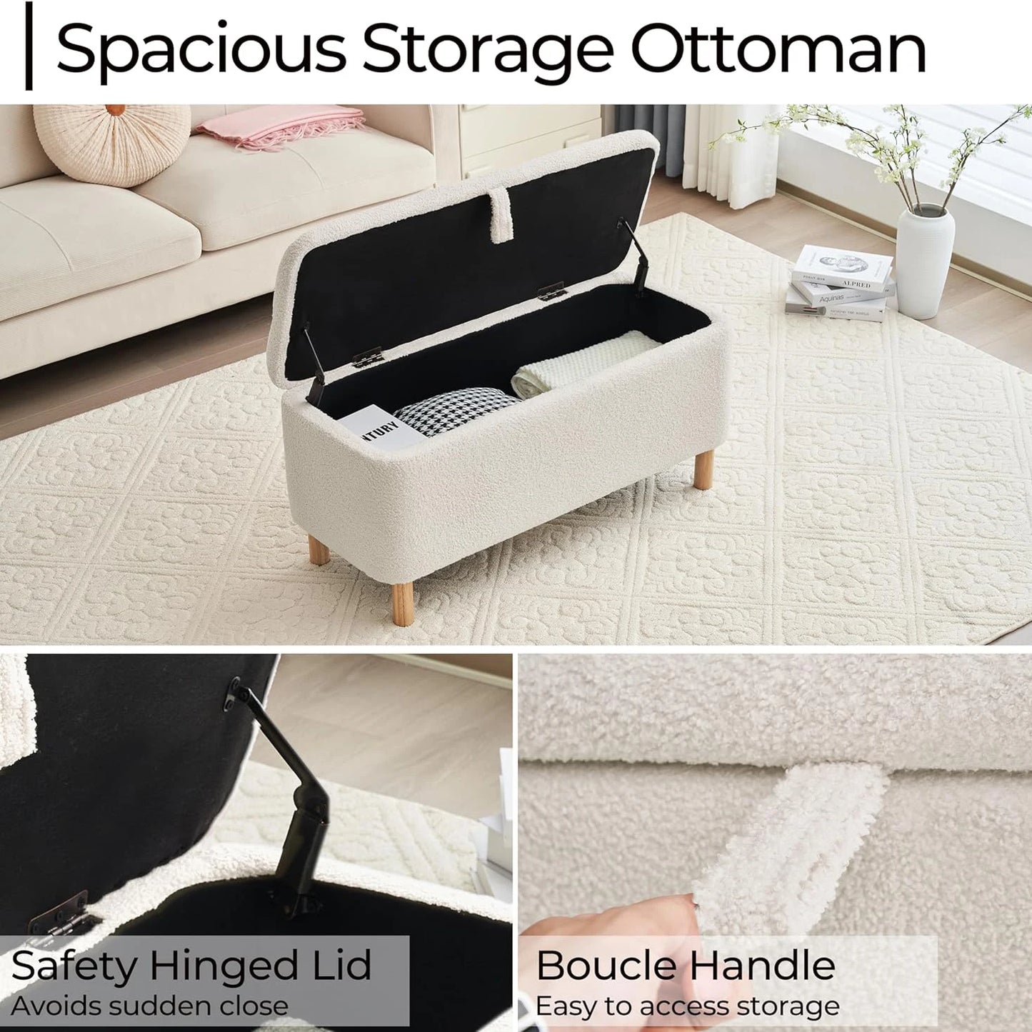 TODRAN Boucle Storage Ottoman Bench With Sherpa Upholstery