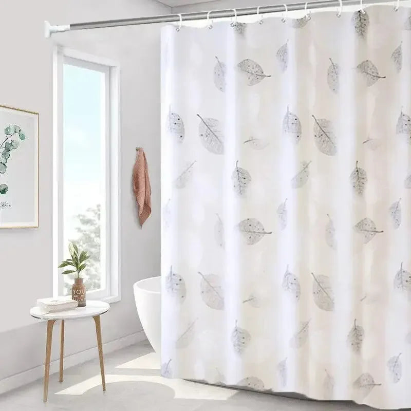 PEVA Waterproof Bathroom Shower Curtain with Hooks and Leaf Pattern