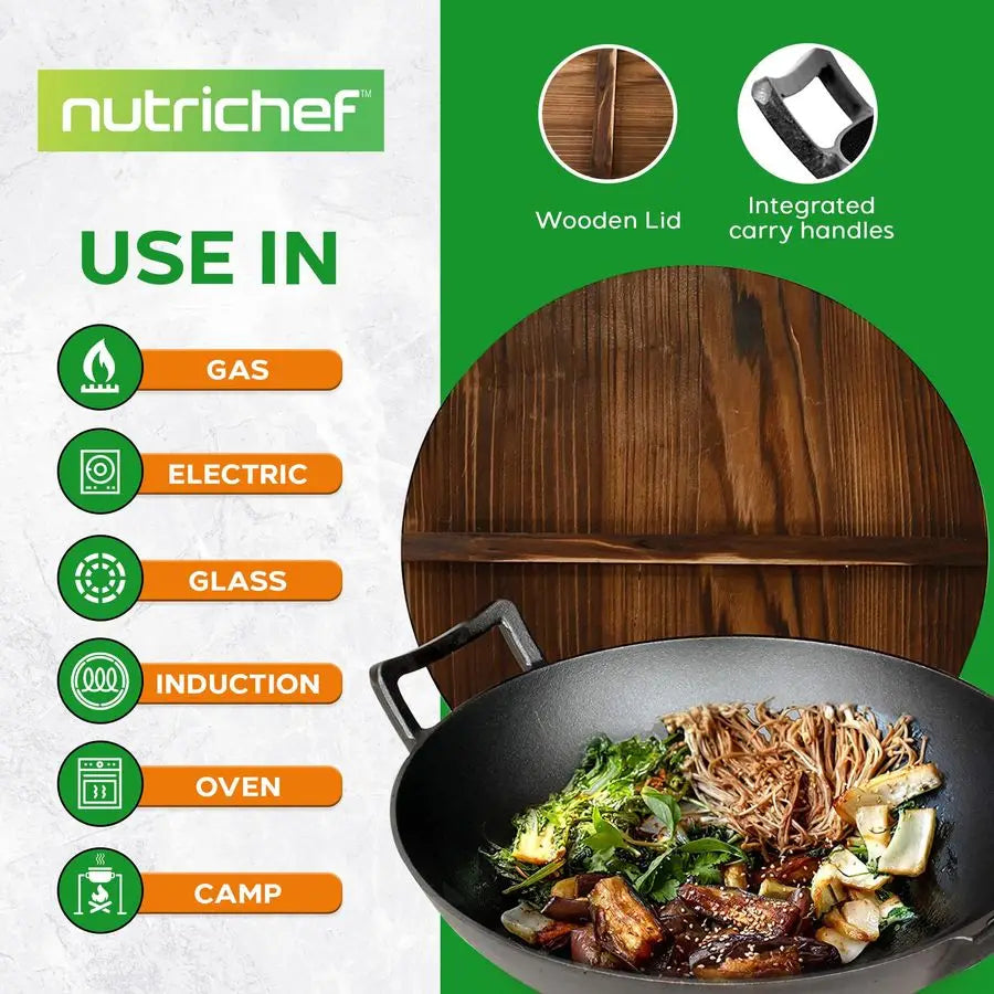 Cast Iron Wok With Wooden Lid Preseasoned For Stir Fry