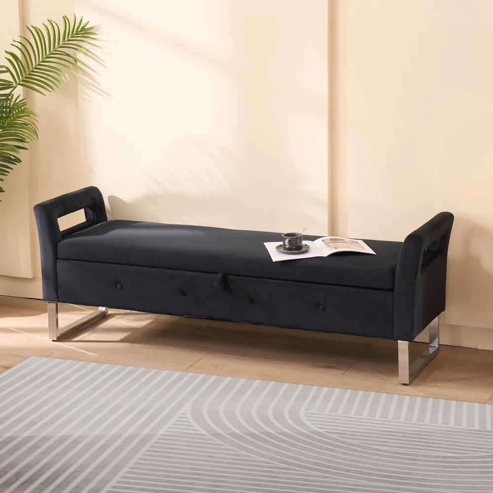 Velvet Storage Bench With Armrests For Living Room And Entryway
