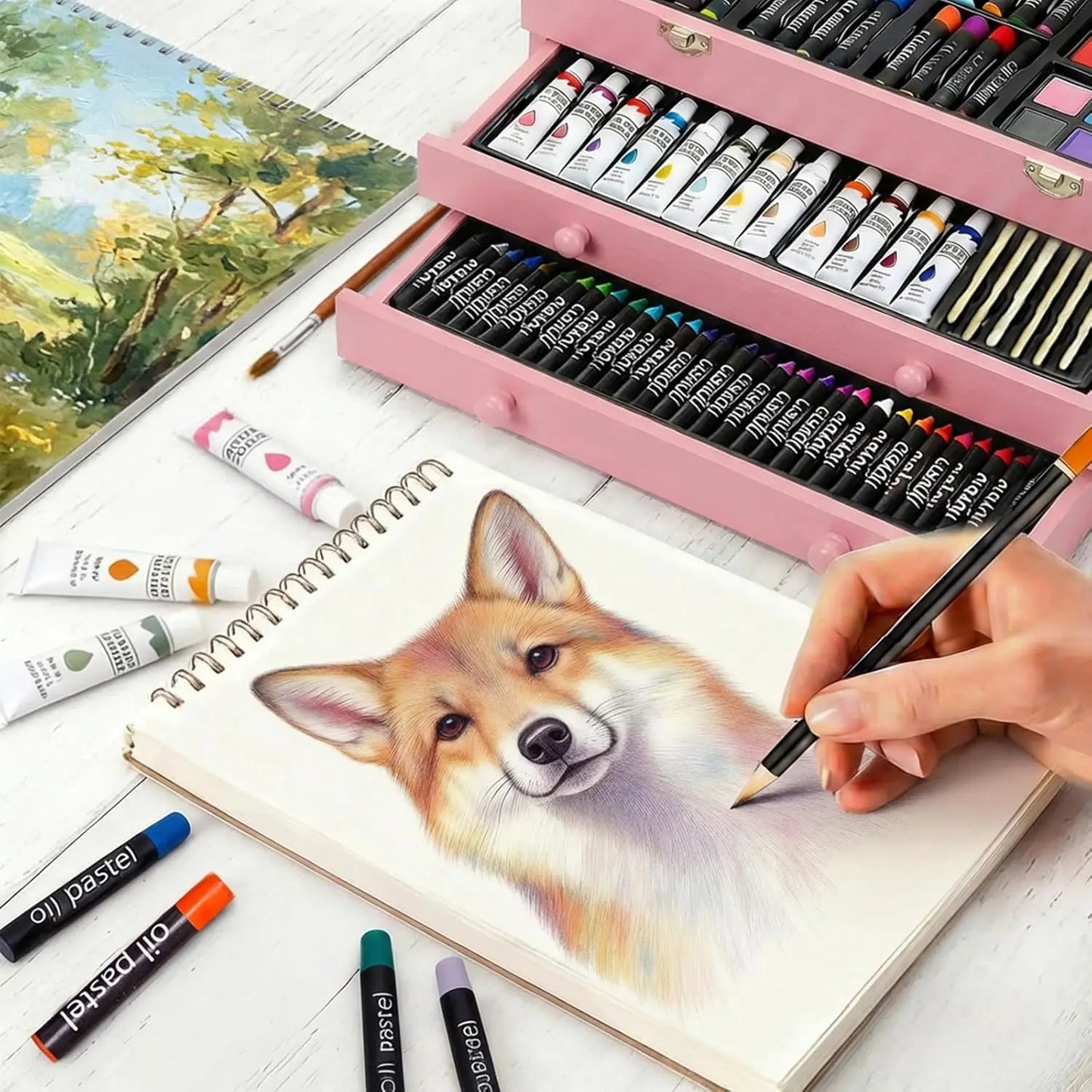 Wooden Art Set 175 Piece With Drawing Pads And Paints