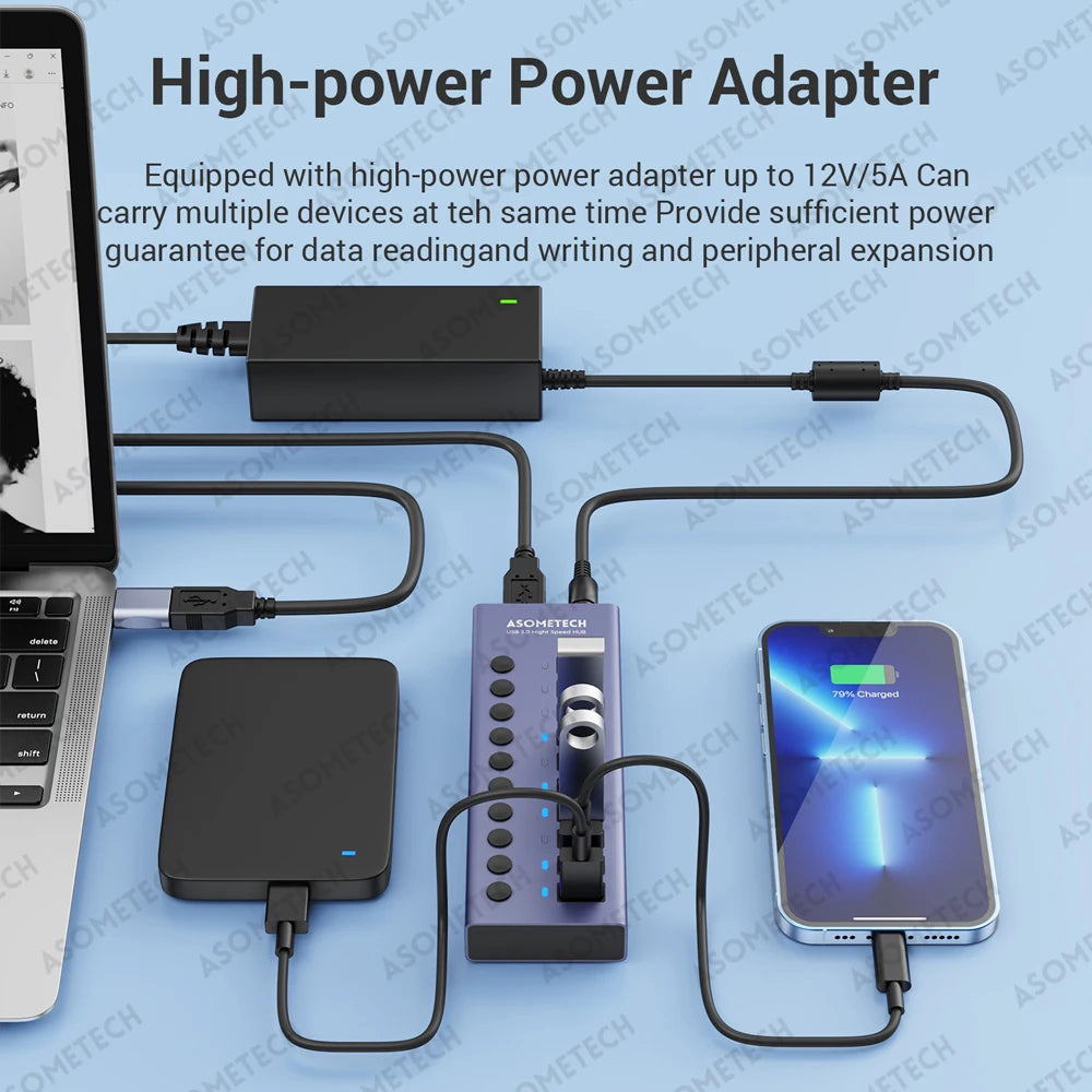ASOMETECH USB 3.0 Hub 4 7 10 Ports PowerAdapter Pro