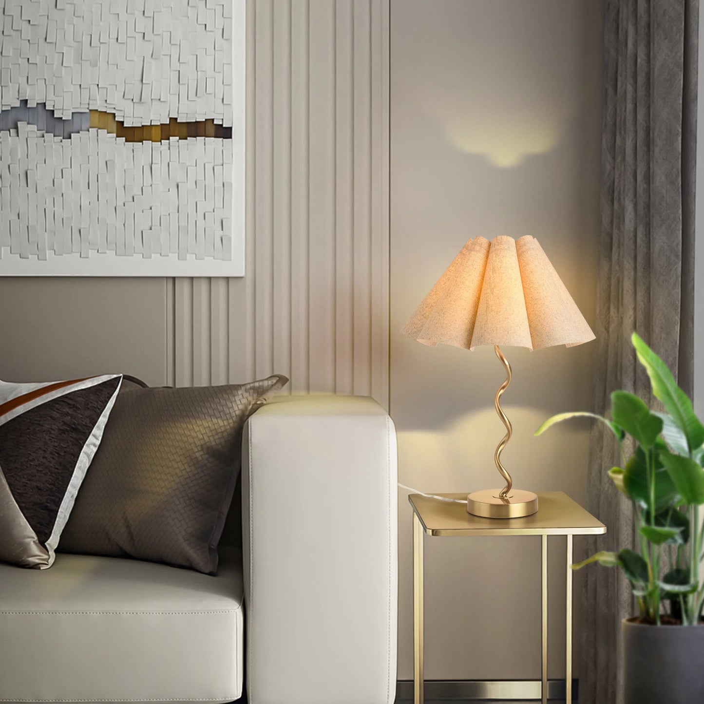 Modern Table Lamp Scalloped Pleated Bedside Nightstand Decor