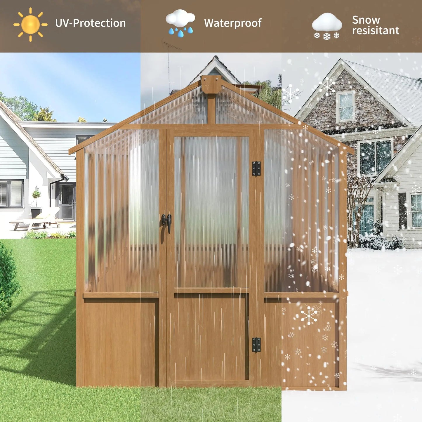 VIWAT Multiple Sizes Wooden Greenhouse, 6x8~8x16FT Wooden Greenhouse Vent Roof UV Protection for Backyard Garden Patio