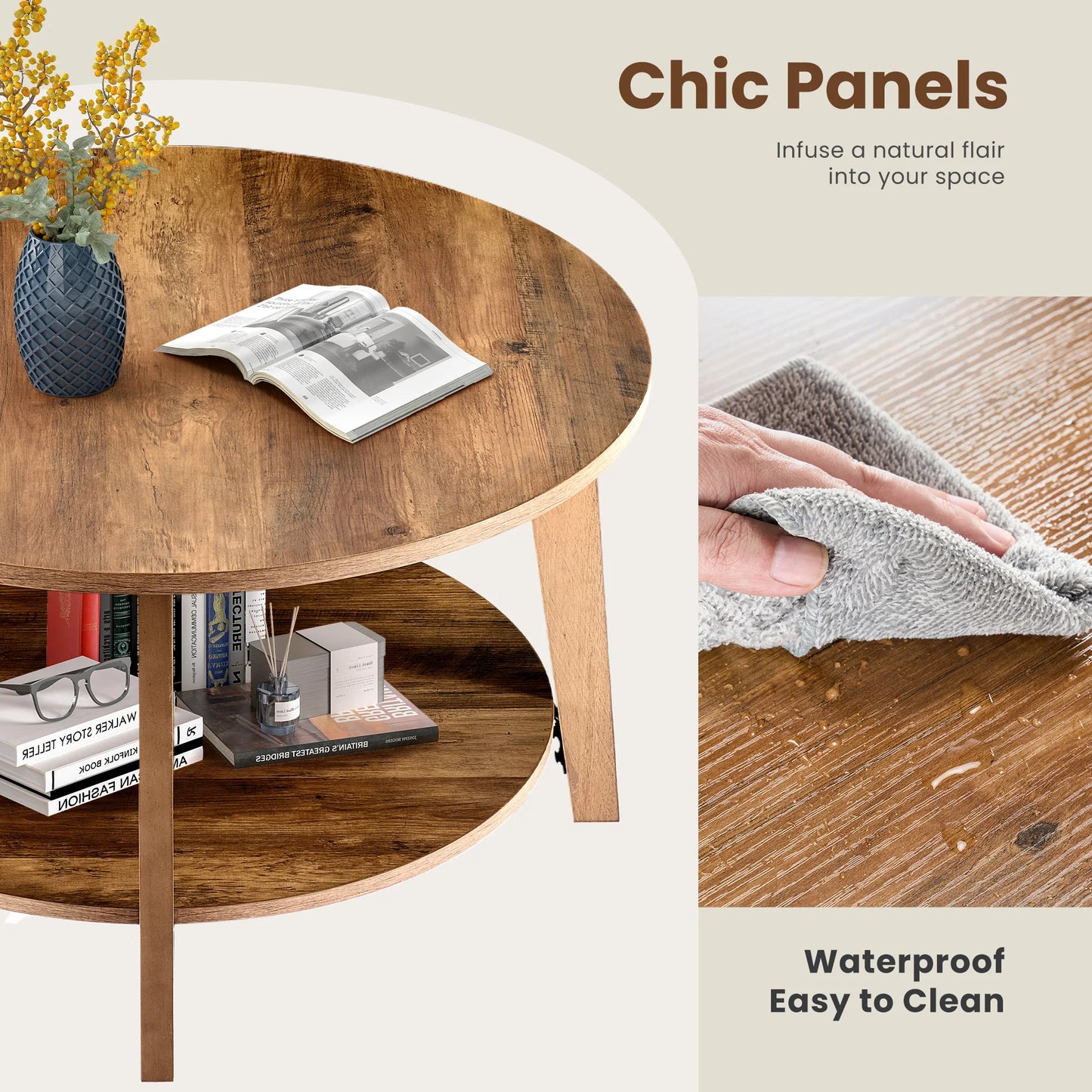 JHK Round Coffee Table With Storage And Anti Slip Feet