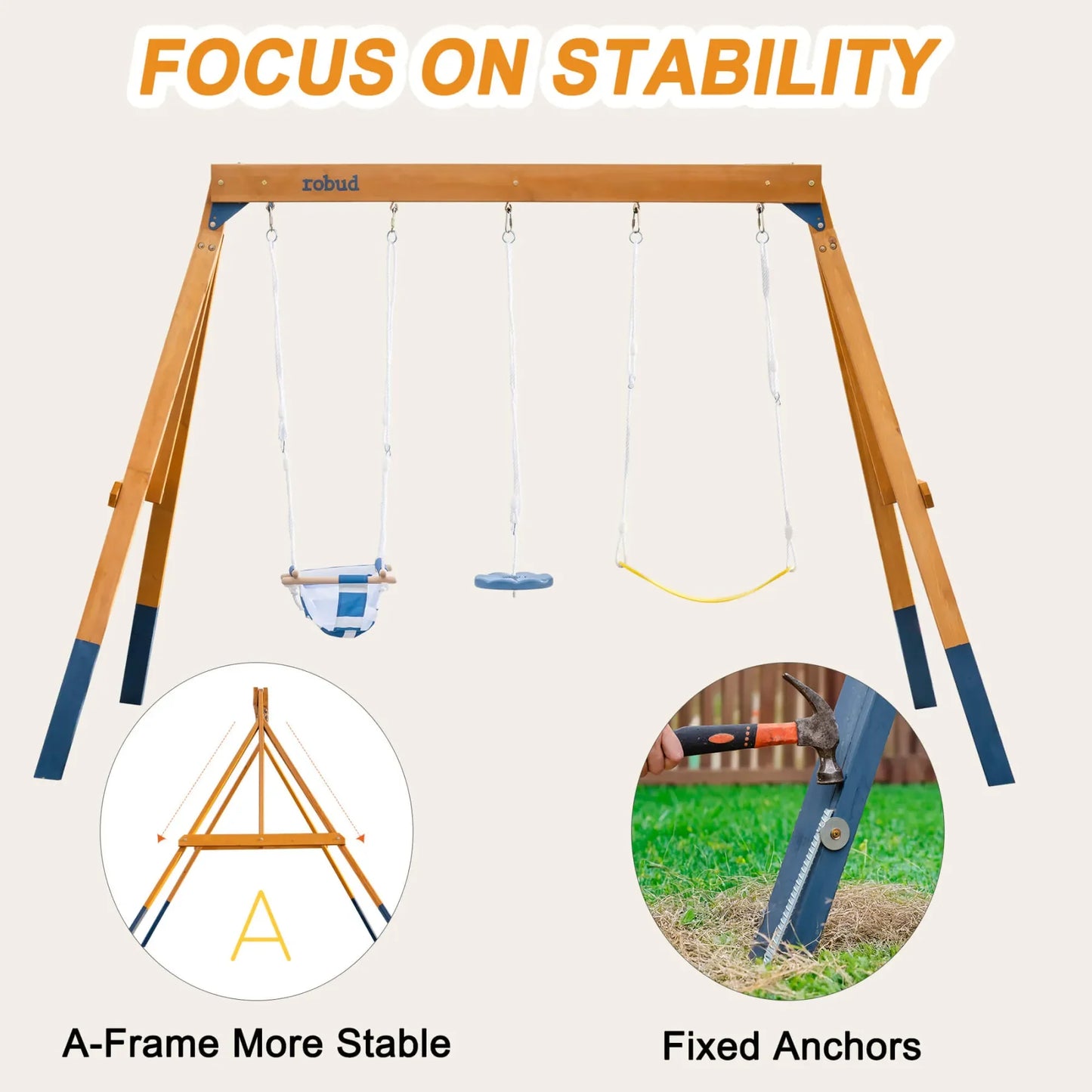 Robotime Robud 3-In-1 Playground Wooden Swing Set Backyard