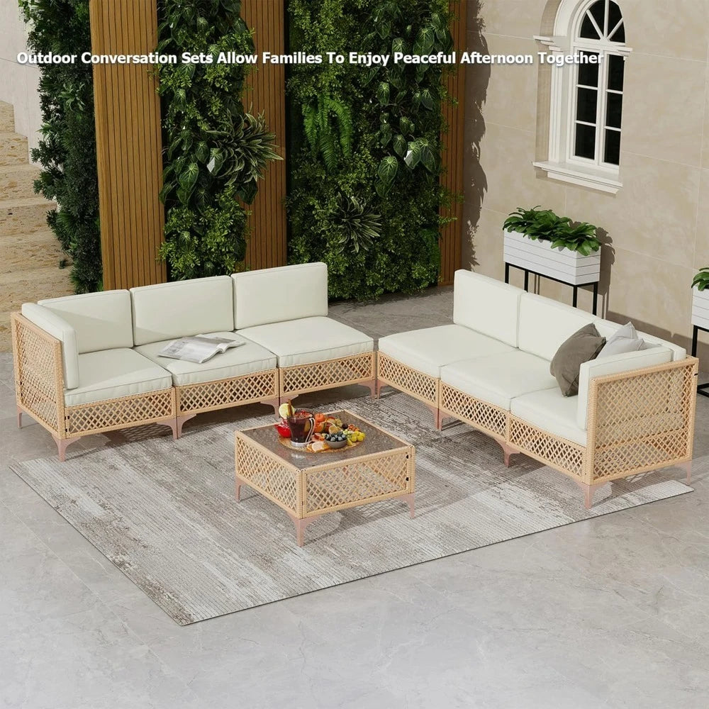 Outdoor Wicker Sectional Furniture Set With Glass Coffee Table