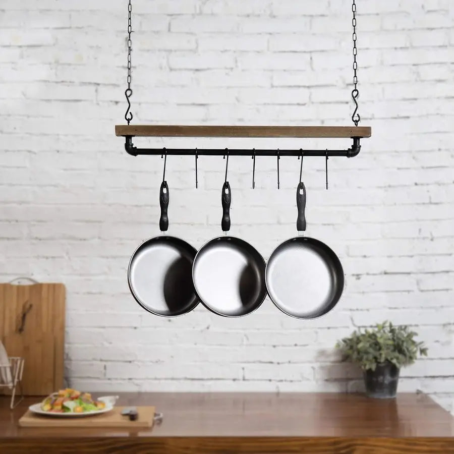 Rustic Wood And Industrial Wall Mounted Pot Rack For Kitchen