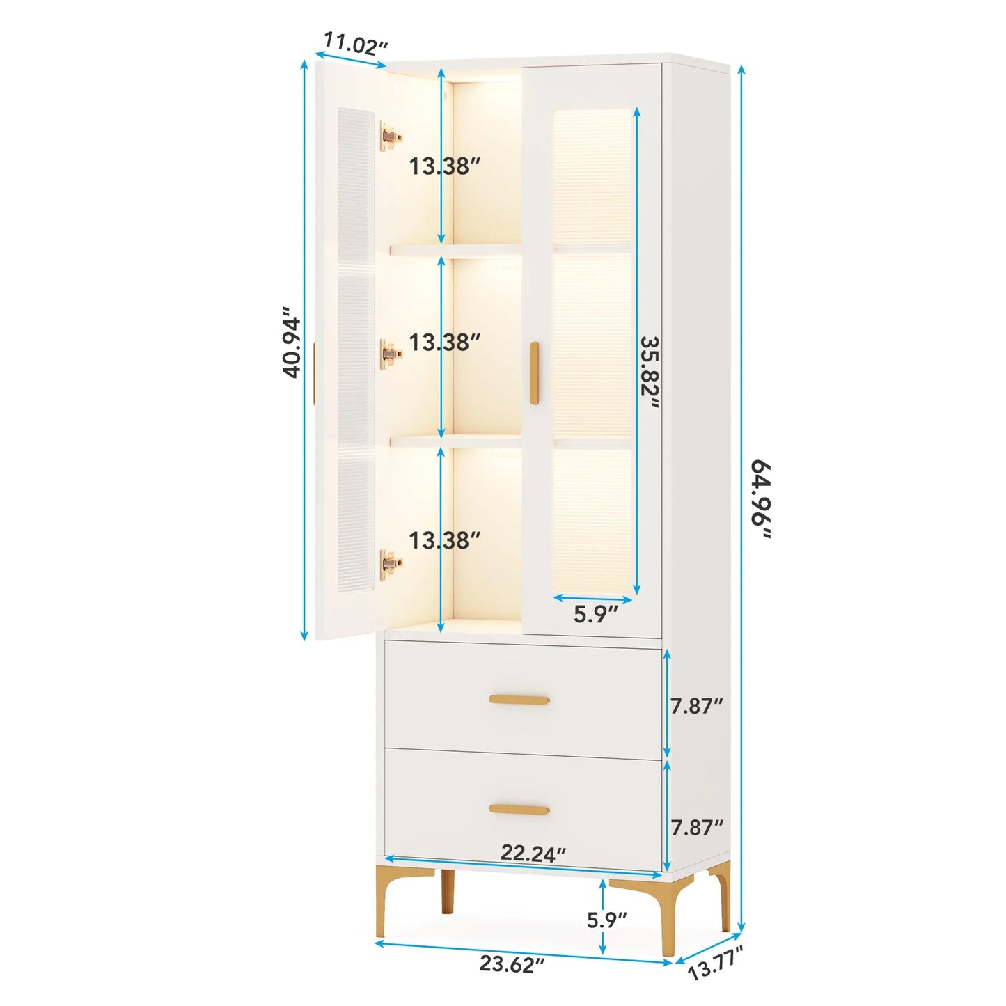 Tribesigns Bookcase With Led Light Doors And Storage Drawers