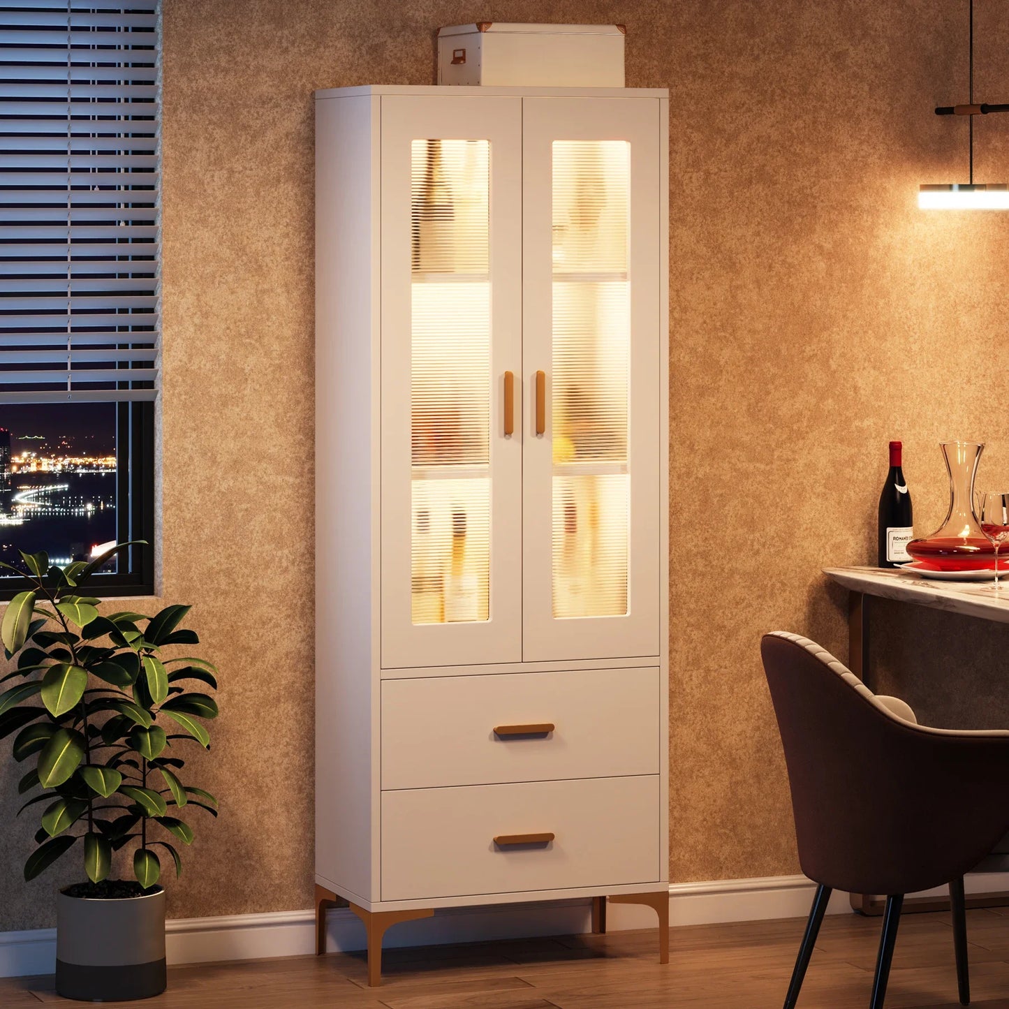 Tribesigns Bookcase With Led Light Doors And Storage Drawers