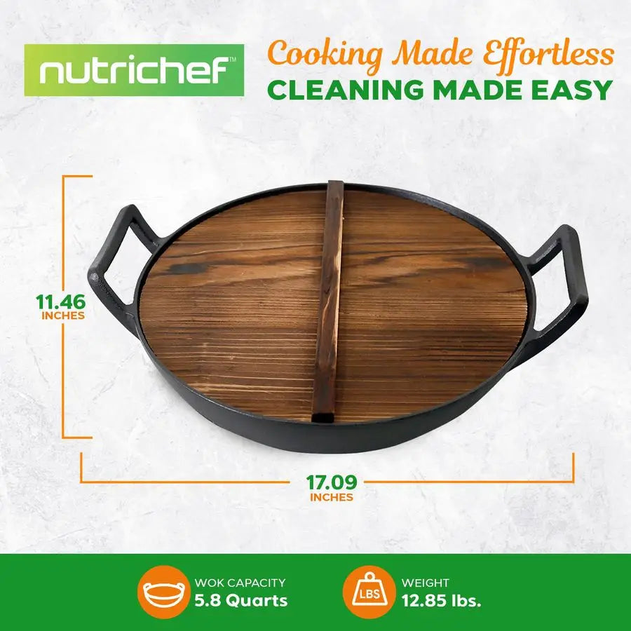 Cast Iron Wok With Wooden Lid Preseasoned For Stir Fry