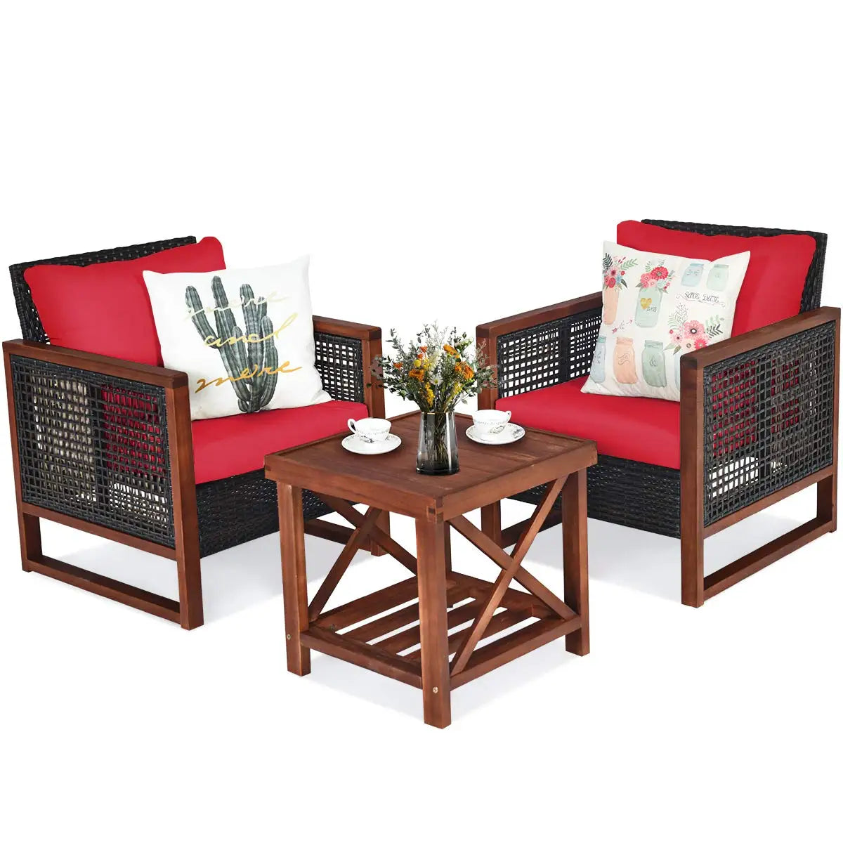 XIAOLANG Patio Wicker Furniture Set Cushions And Acacia Coffee Table