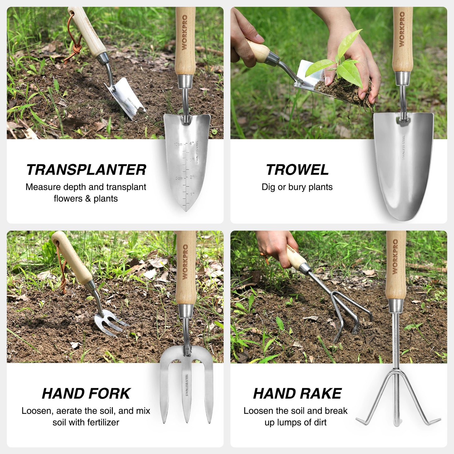 WORKPRO Garden Tool Set With Stainless Steel And Wood Handles