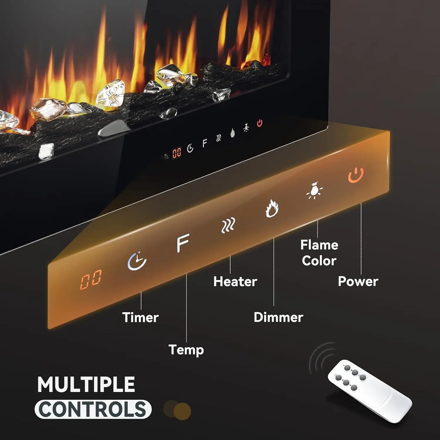Recessed Wall Electric Fireplace With Adjustable Flame Remote Timer