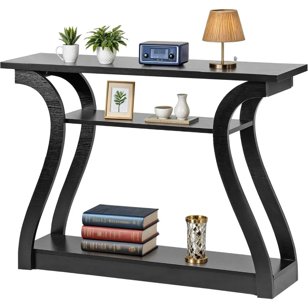 Minimalist Wood Console Table For Entryway With 3 Tier Storage